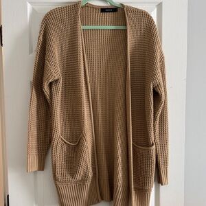 Zesica Camel Open-Front Waffle Knit Cardigan with Pockets